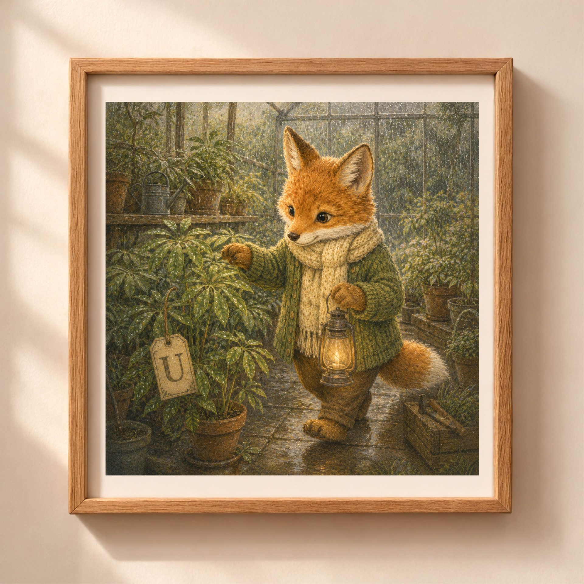 Nursery Monogram U Printable Woodland Fox Baby Shower Gift 1 A framed square digital art print of a storybook fox holding a lantern next to an umbrella plant with a hanging letter U tag inside a glass greenhouse.