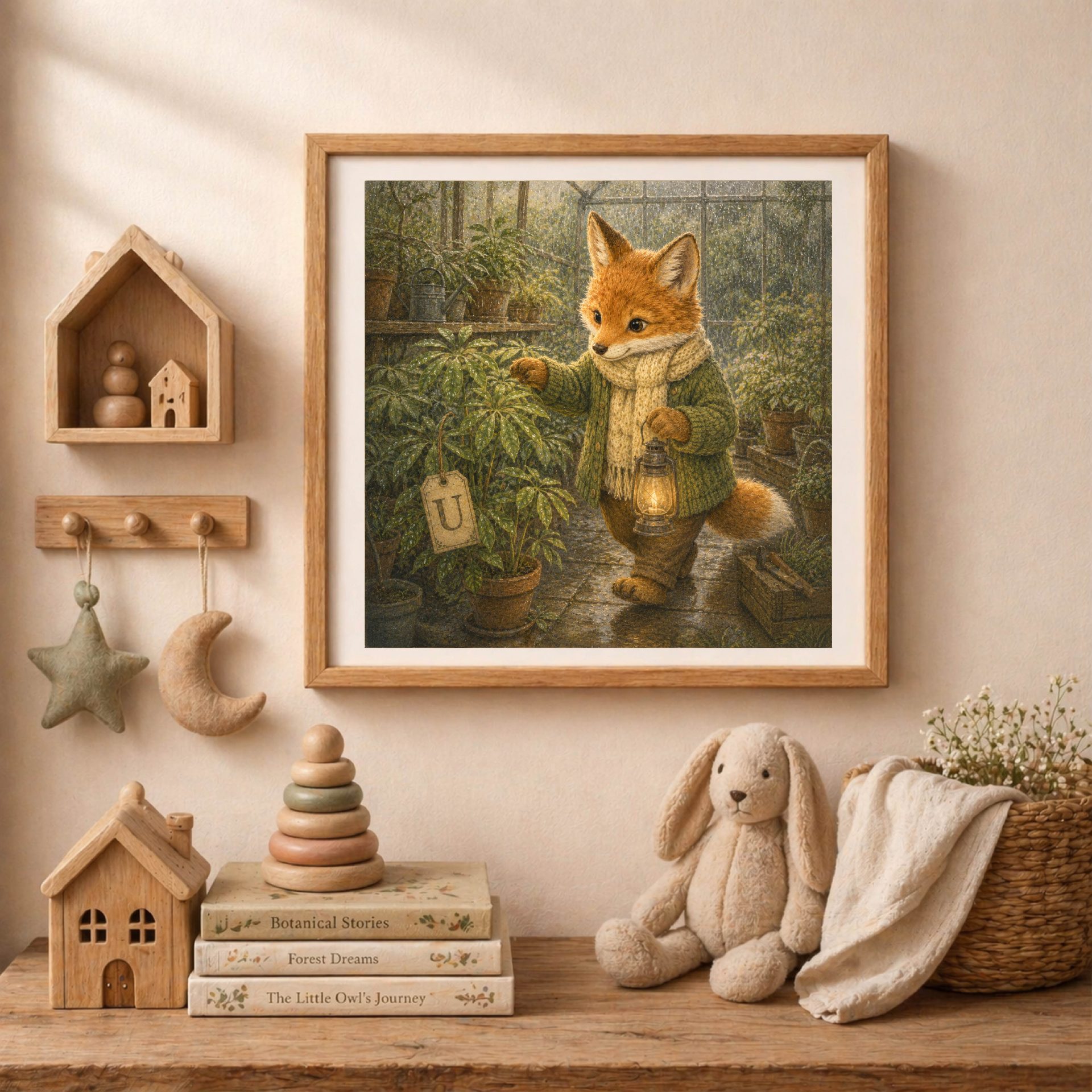 Nursery Monogram U Printable Woodland Fox Baby Shower Gift 4 Framed print of a fox standing in a rainy greenhouse with a letter U tag, displayed on a wall above a wooden chest with storybooks and a plush toy.