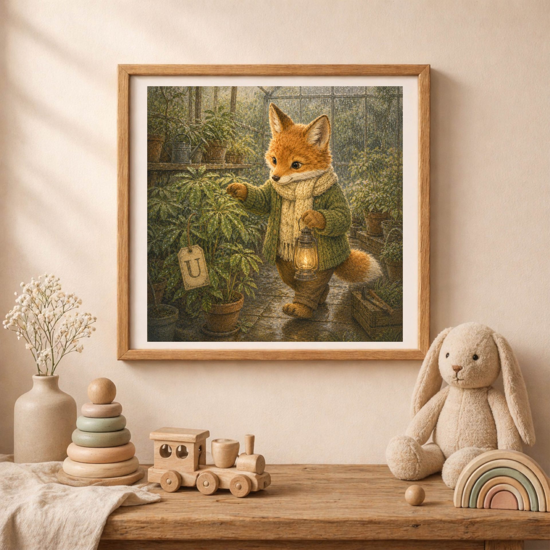 Nursery Monogram U Printable Woodland Fox Baby Shower Gift 2 Square wooden frame showing a fox with a lantern and an umbrella plant labeled with a letter U tag, styled on a tabletop near a plush bunny, wooden train, and rainbow arch.