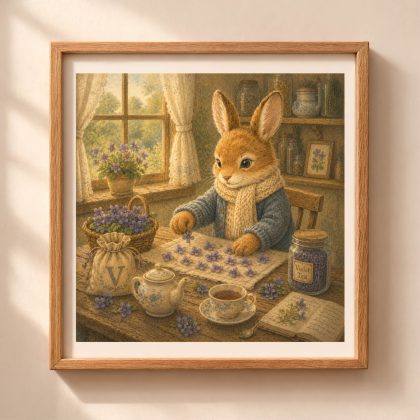 A framed square digital art print of a storybook bunny rabbit sorting violet petals next to an embroidered letter V bag and a teapot on a rustic table.