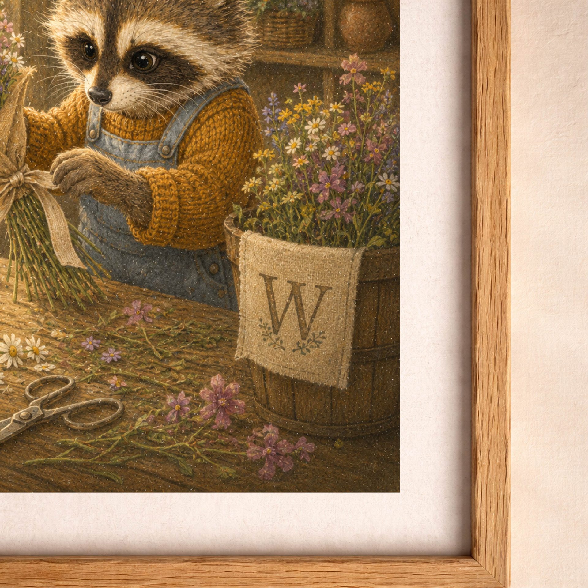 Nursery Monogram W Printable Raccoon Baby Shower Gift 7 Close up detailed view of an embroidered capital letter W on a canvas pocket attached to a wooden bucket filled with fresh wildflowers and craft scissors on a desk.