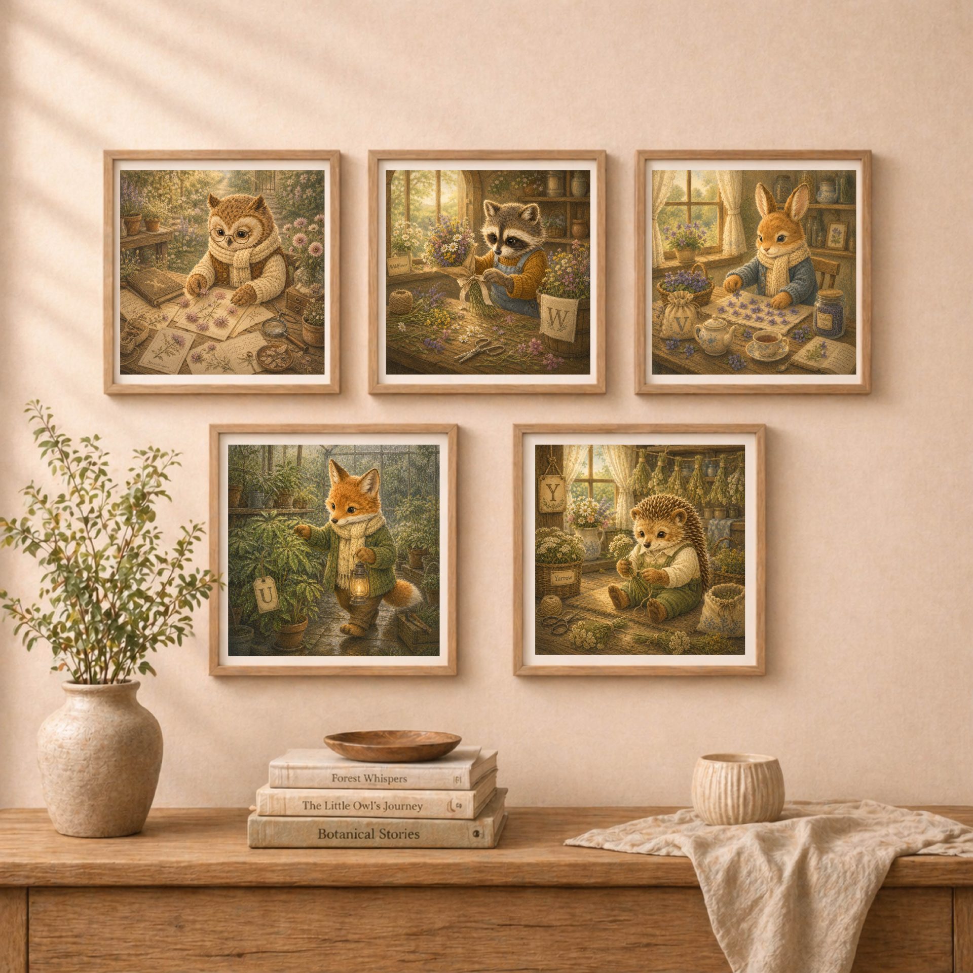 Nursery Monogram W Printable Raccoon Baby Shower Gift 9 A gallery wall set of five framed square illustrations featuring an owl with letter X, a raccoon with letter W, a rabbit with letter V, a fox with letter U, and a hedgehog with letter Y.
