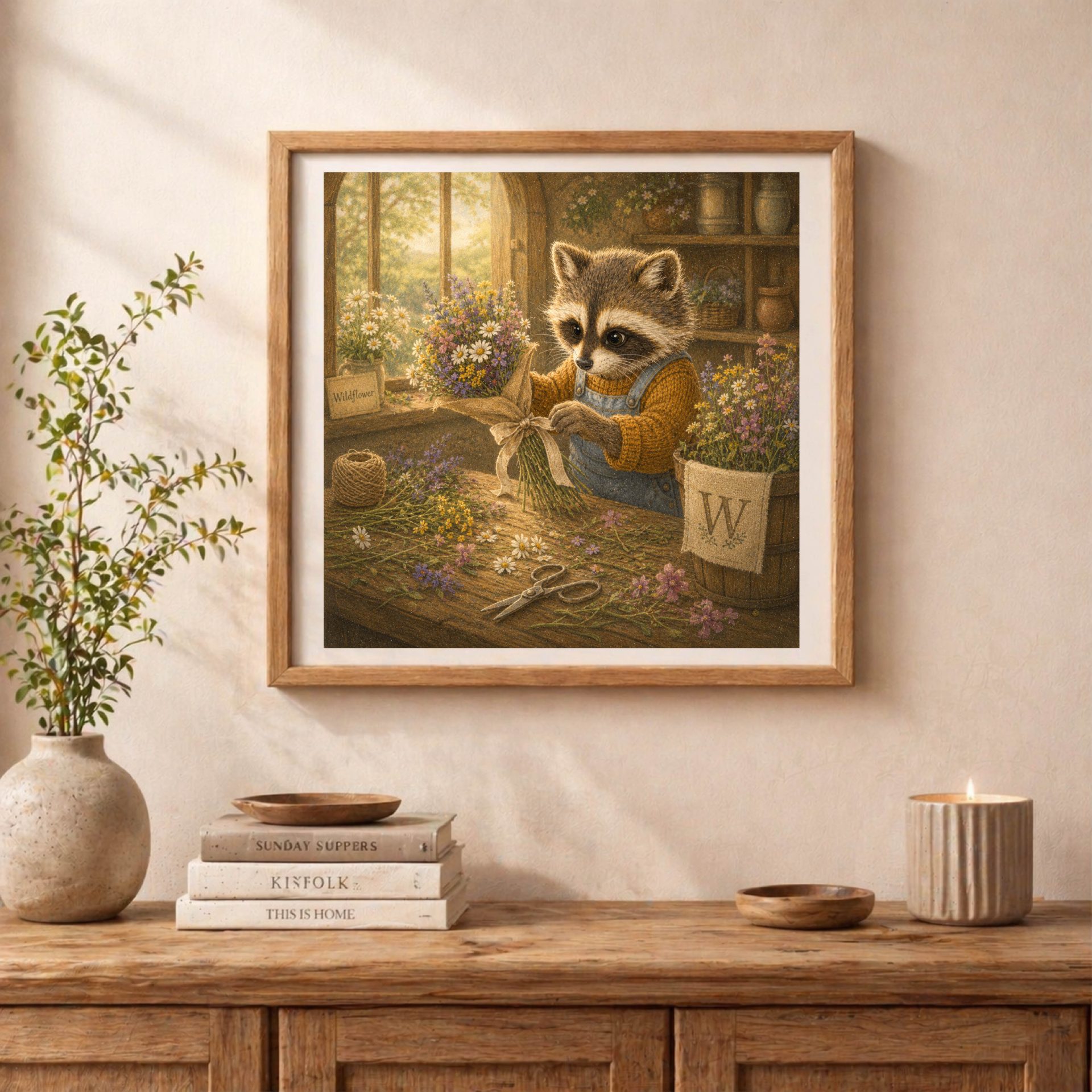 Nursery Monogram W Printable Raccoon Baby Shower Gift 3 Square framed picture of a vintage raccoon making a bouquet next to a letter W canvas label, styled on a rustic console table with a stack of books and a lit candle.