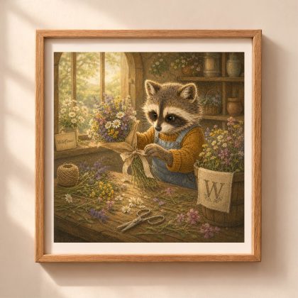 A framed square digital art print of a storybook raccoon tying a wildflower bouquet with a linen ribbon next to an embroidered letter W bucket on a wooden table.