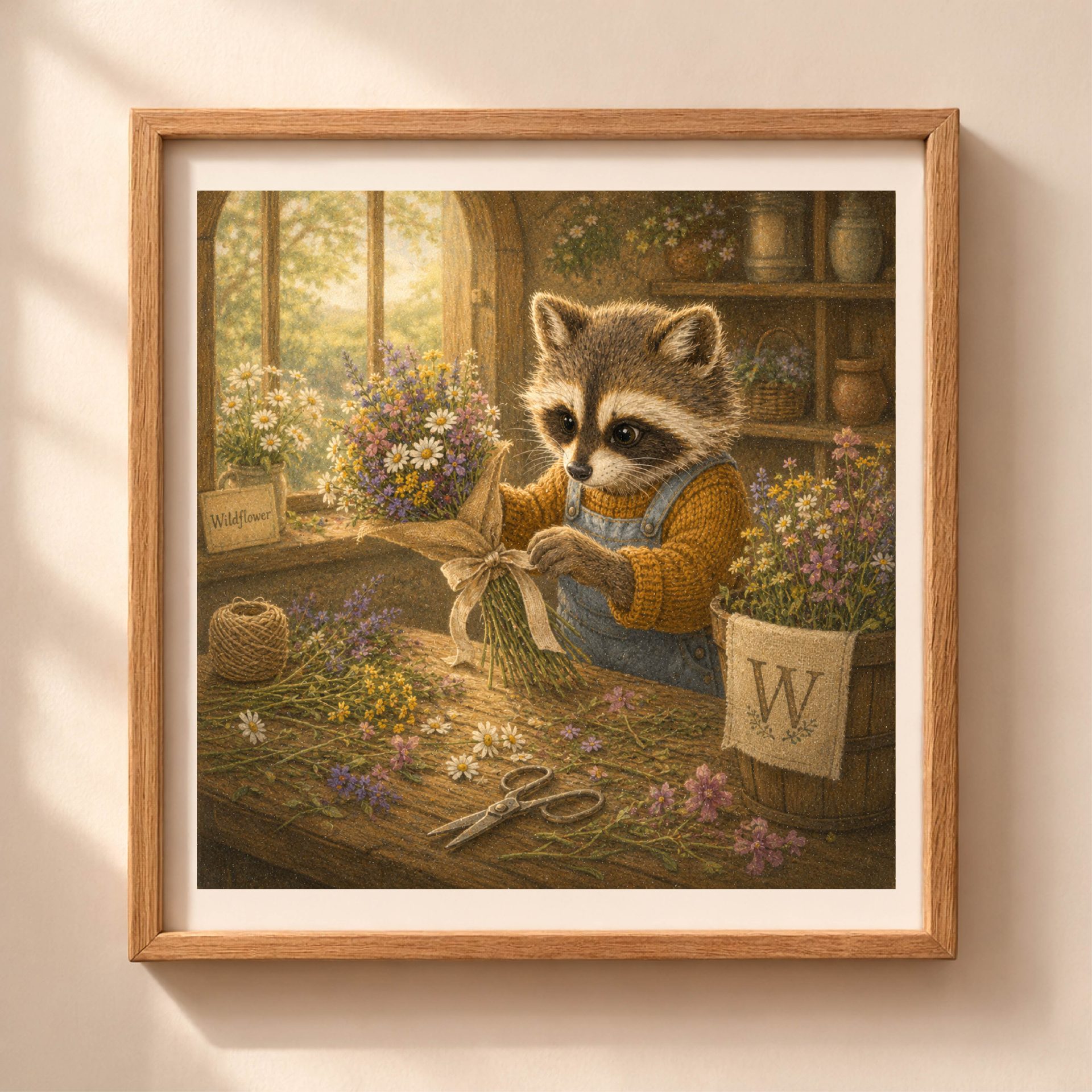 Nursery Monogram W Printable Raccoon Baby Shower Gift 1 A framed square digital art print of a storybook raccoon tying a wildflower bouquet with a linen ribbon next to an embroidered letter W bucket on a wooden table.