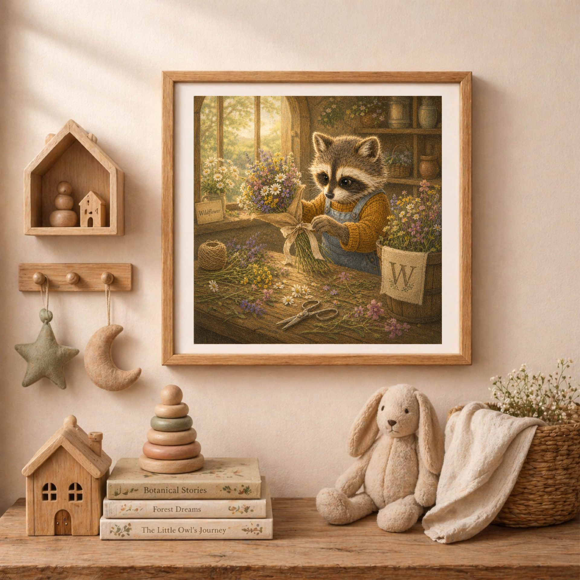 Nursery Monogram W Printable Raccoon Baby Shower Gift 4 Framed print of a raccoon sorting flowers next to a letter W bucket, displayed on a wall above books, a wooden house shelf, and a plush bunny on a bench.