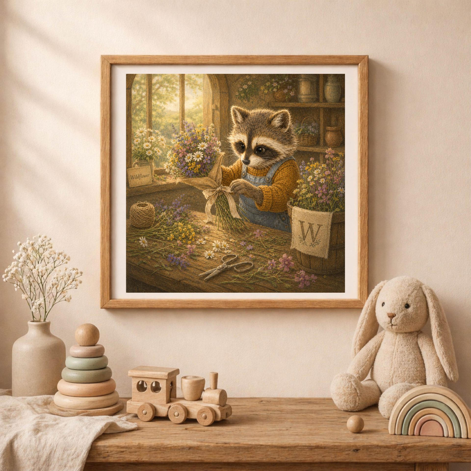 Nursery Monogram W Printable Raccoon Baby Shower Gift 2 Square wooden frame showing a raccoon arranging wildflowers next to a letter W bucket, styled on a wooden table near a plush bunny, wooden train, and wooden rainbow toy.