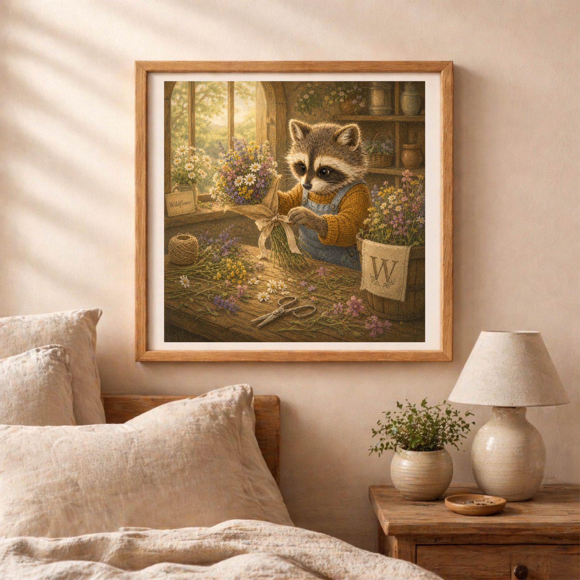Nursery Monogram W Printable Raccoon Baby Shower Gift 6 A framed square picture of a storybook raccoon tying a wildflower bouquet, hung on a wall above a cozy bed with linen sheets and a rustic bedside lamp.