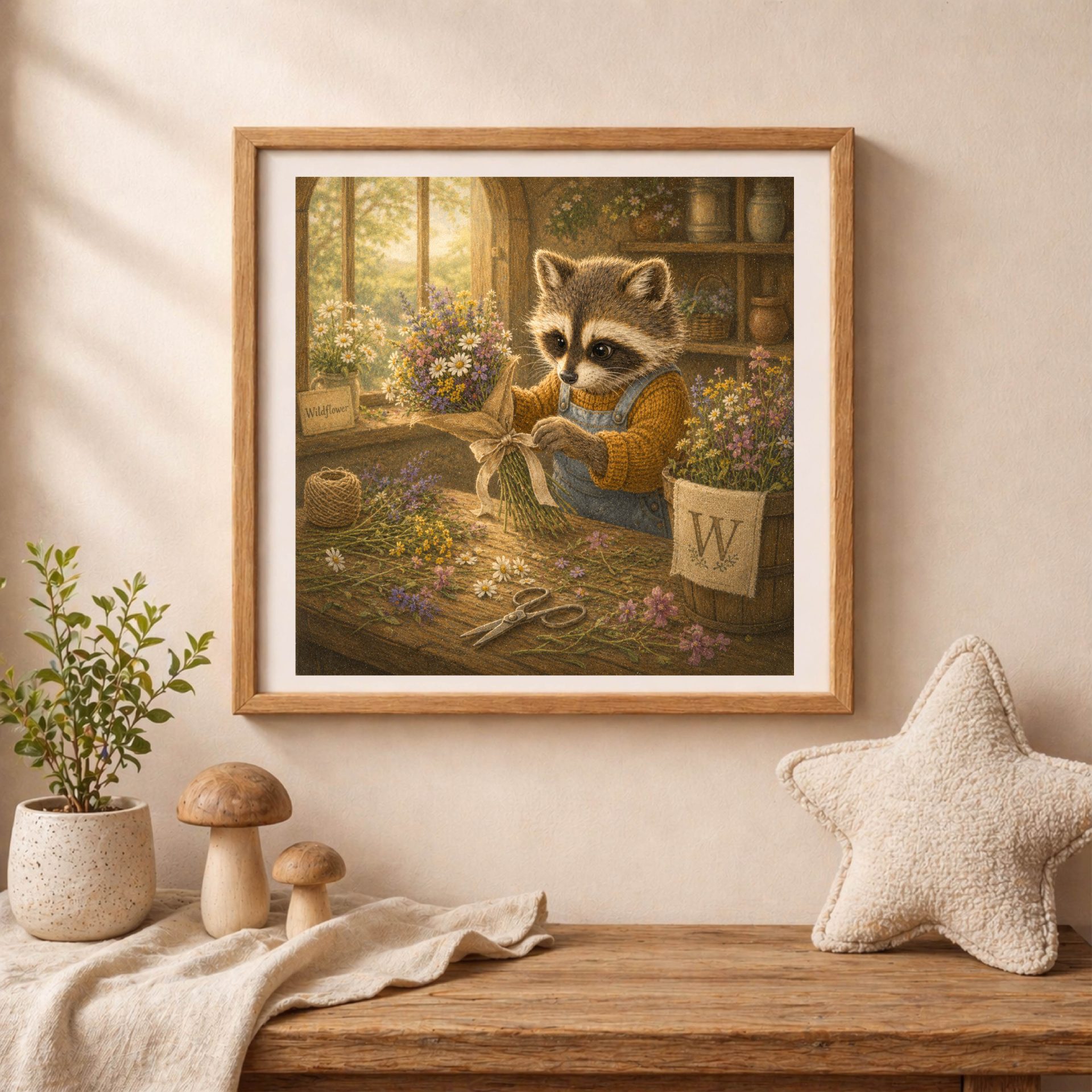 Nursery Monogram W Printable Raccoon Baby Shower Gift 5 Square wooden frame with a vintage raccoon floristry illustration, placed on a wooden desk next to decorative wooden mushrooms and a plush star pillow.