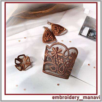 3-in-1 ITH Organza Jewelry embroidery design pack by Embroidery Manavi 05. Stabilizer-free single color volumetric bracelet, earrings & flower. Instant download.