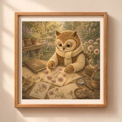 A framed square digital art print of a storybook owl arranging purple xeranthemum flowers on herbarium papers next to a book embossed with a letter X.