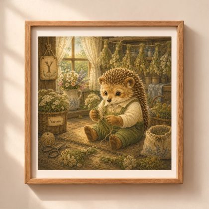 A framed square digital art print of a storybook hedgehog tying white yarrow bundles with twine next to a hanging tile painted with a letter Y.
