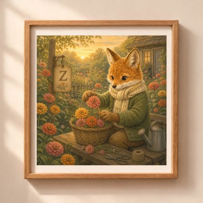 A framed square digital art print of a storybook fox sorting zinnia flowers into a basket next to a hanging sign painted with a letter Z.