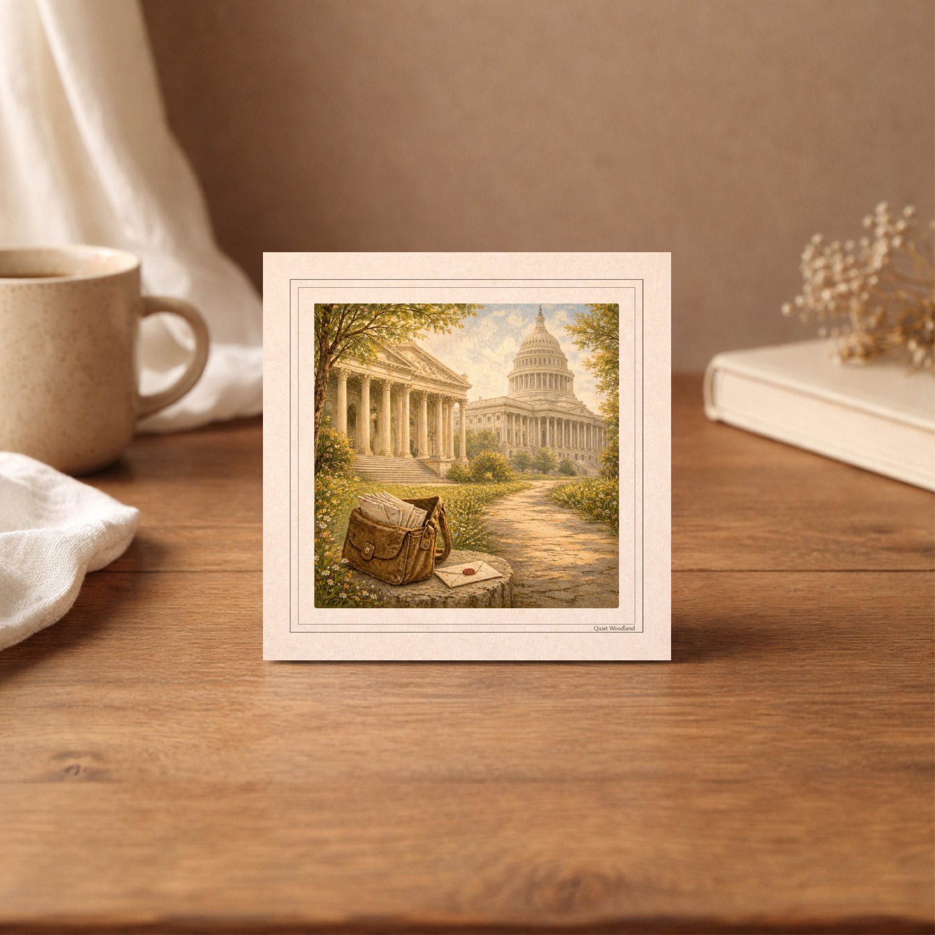 Printable Postcards Set Woodland USA Travel Vintage Art 2 A square printable postcard with an illustration of Washington Capitol and a vintage mailbag.