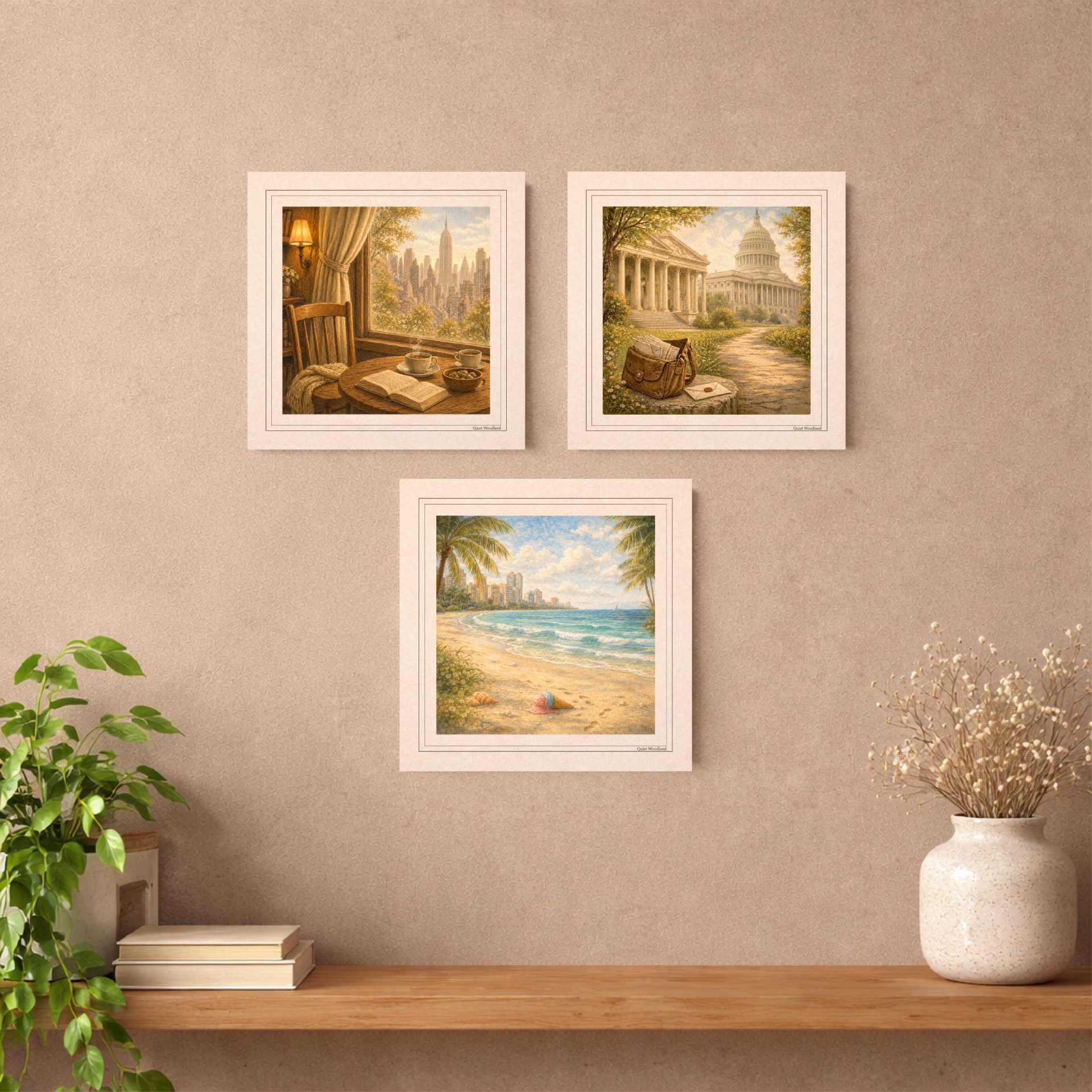 Printable Postcards Set Woodland USA Travel Vintage Art 4 Three square framed prints featuring New York window view, Washington path, and Miami beach displayed on a pastel wall above a wooden shelf with books.