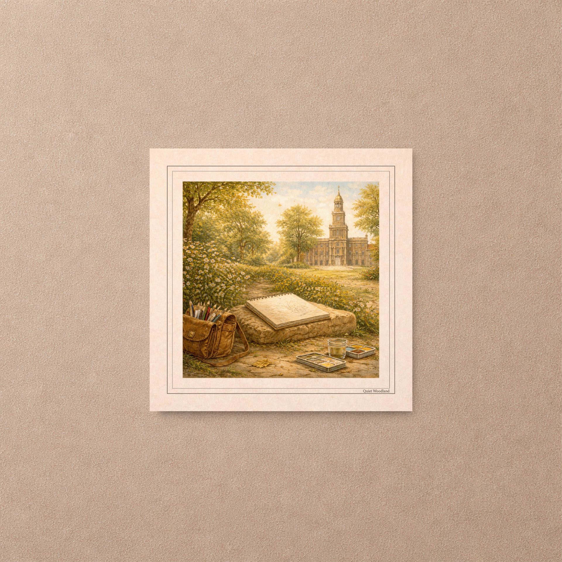 Printable Postcards Set Woodland USA Travel Vintage Art 3 A close-up view of a square printed card featuring an open sketchbook in a blooming wildflower field with a historic clock tower background.