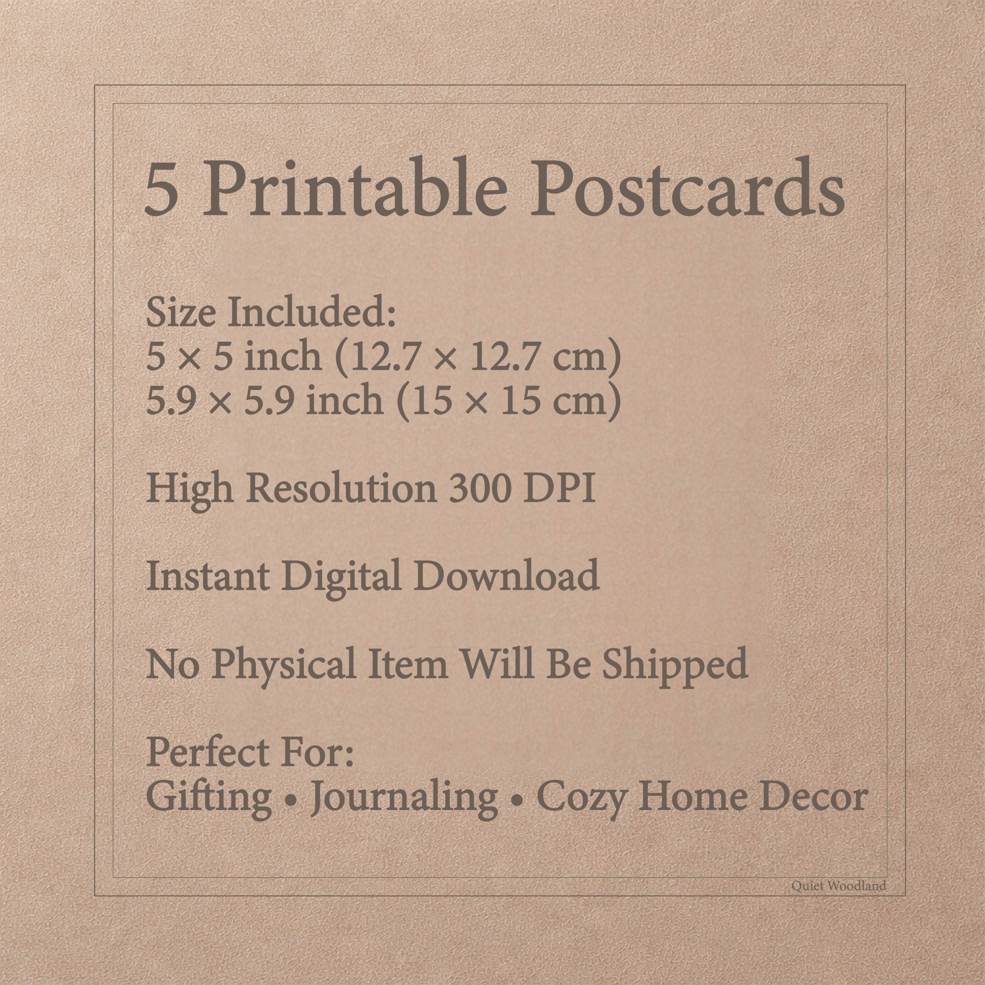 Printable Postcards Set Woodland USA Travel Vintage Art 6 Text graphic on a textured background outlining product details for 5 printable postcards, sizes 5x5 and 5.9x5.9 inches, 300 DPI high resolution.