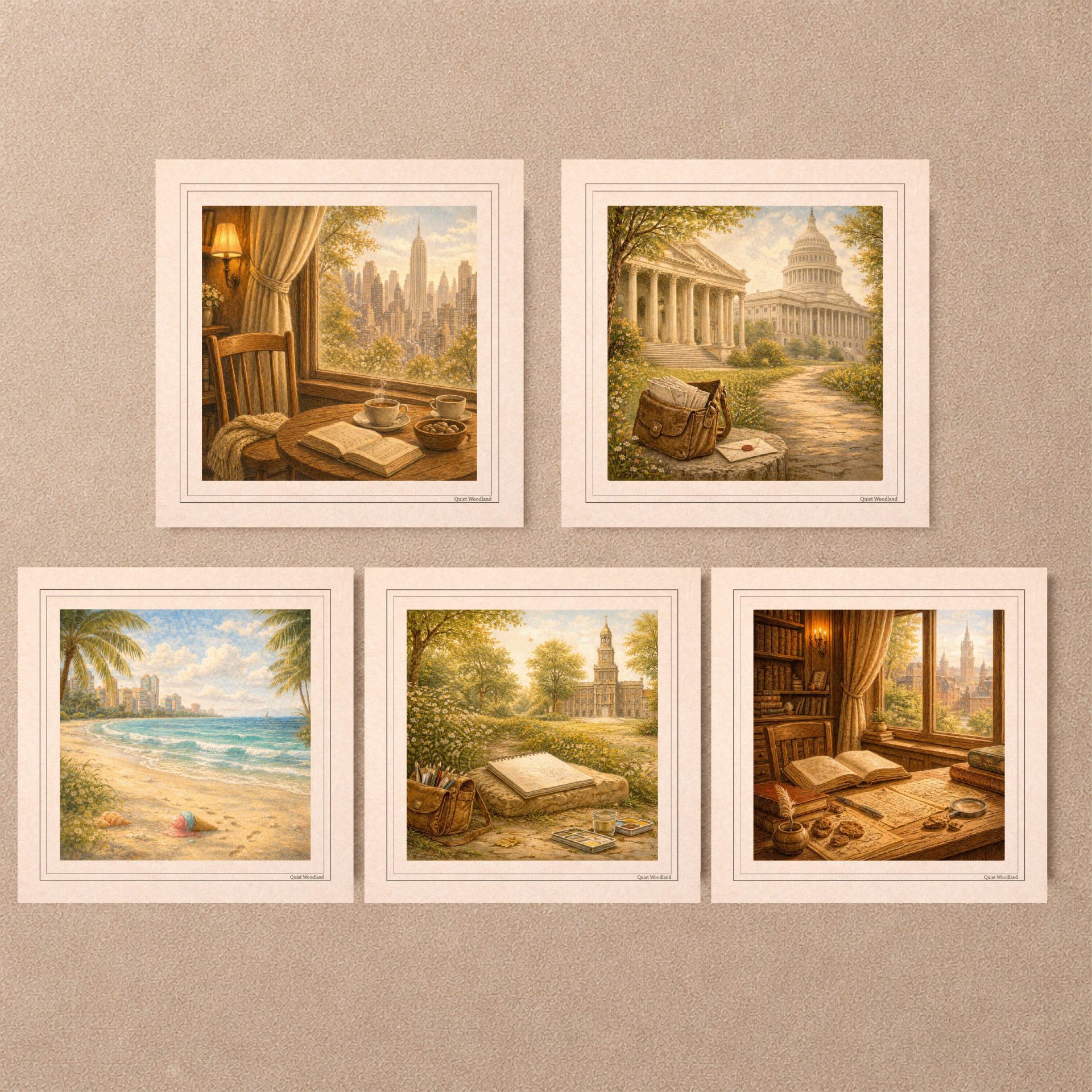 Printable Postcards Set Woodland USA Travel Vintage Art 1 Five square vintage postcards from the Woodland USA Travel collection arranged neatly on a textured beige wall background showing scenic cities and cozy interiors.