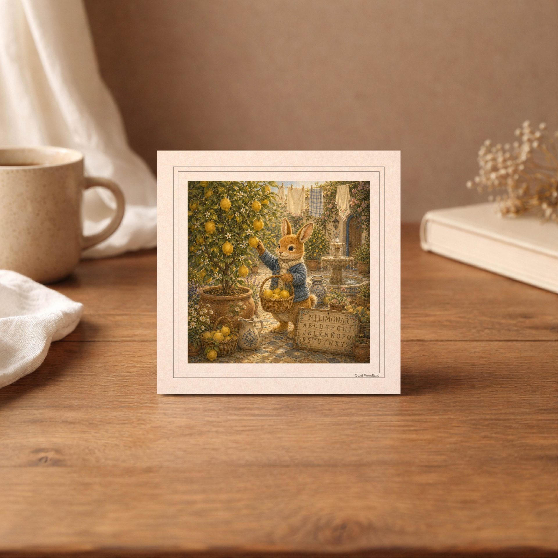 Printable Postcards Set Woodland Alphabet Postcrossing Gift 2 A square printable postcard showing a rabbit harvesting lemons stands vertically on a wooden desk next to a white ceramic mug and a closed book.
