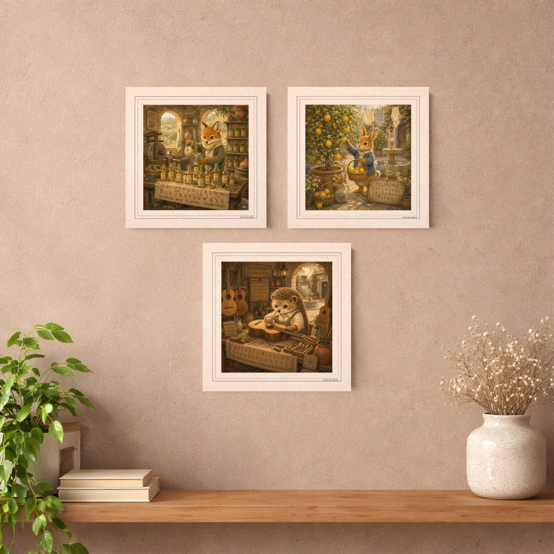 Printable Postcards Set Woodland Alphabet Postcrossing Gift 4 Three square framed prints featuring the fox, rabbit, and hedgehog characters arranged symmetrically on a pastel wall above a wooden display shelf.