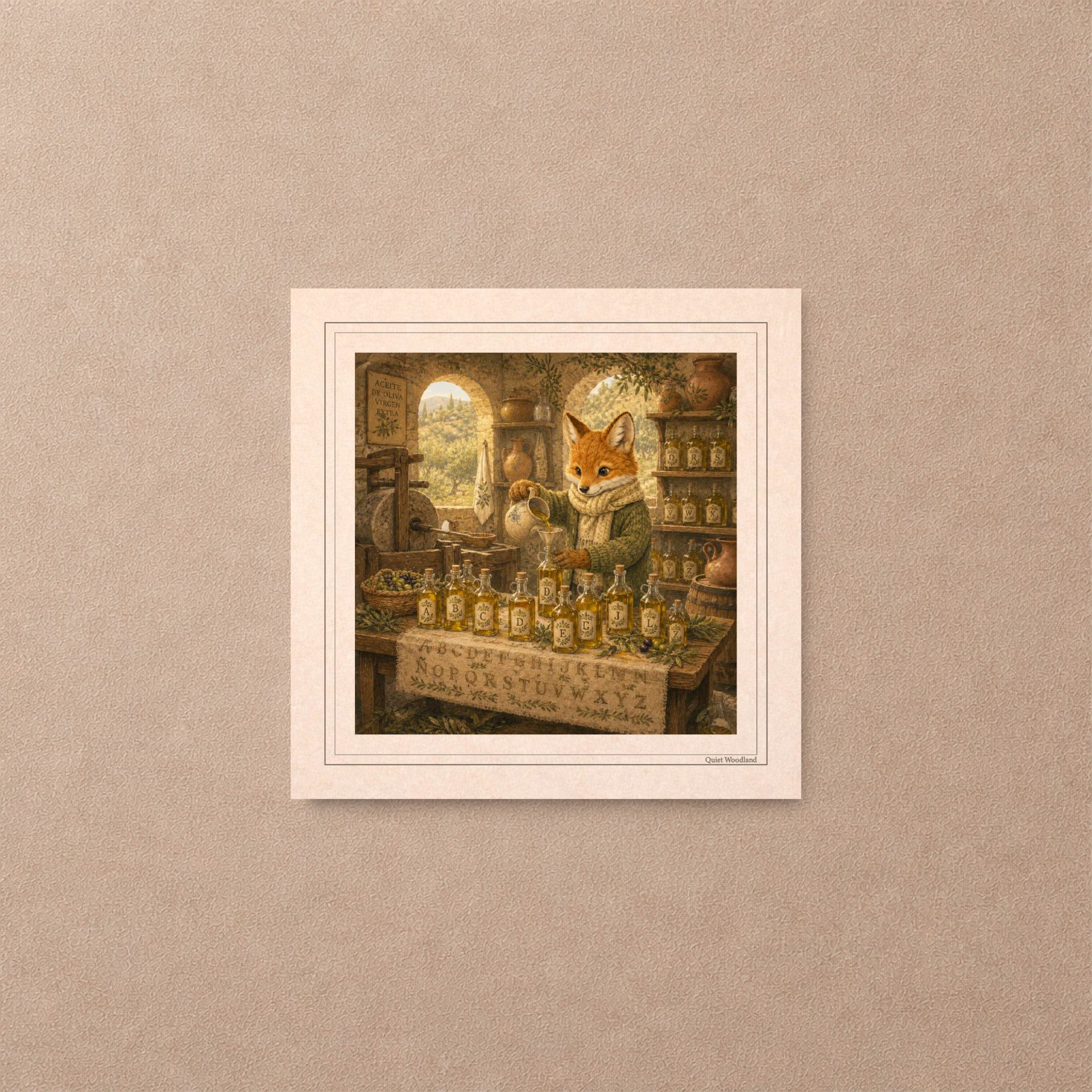 Printable Postcards Set Woodland Alphabet Postcrossing Gift 3 A close-up layout of a square postcard illustration featuring a vintage fox character pouring olive oil into bottles inside a rustic stone workshop.