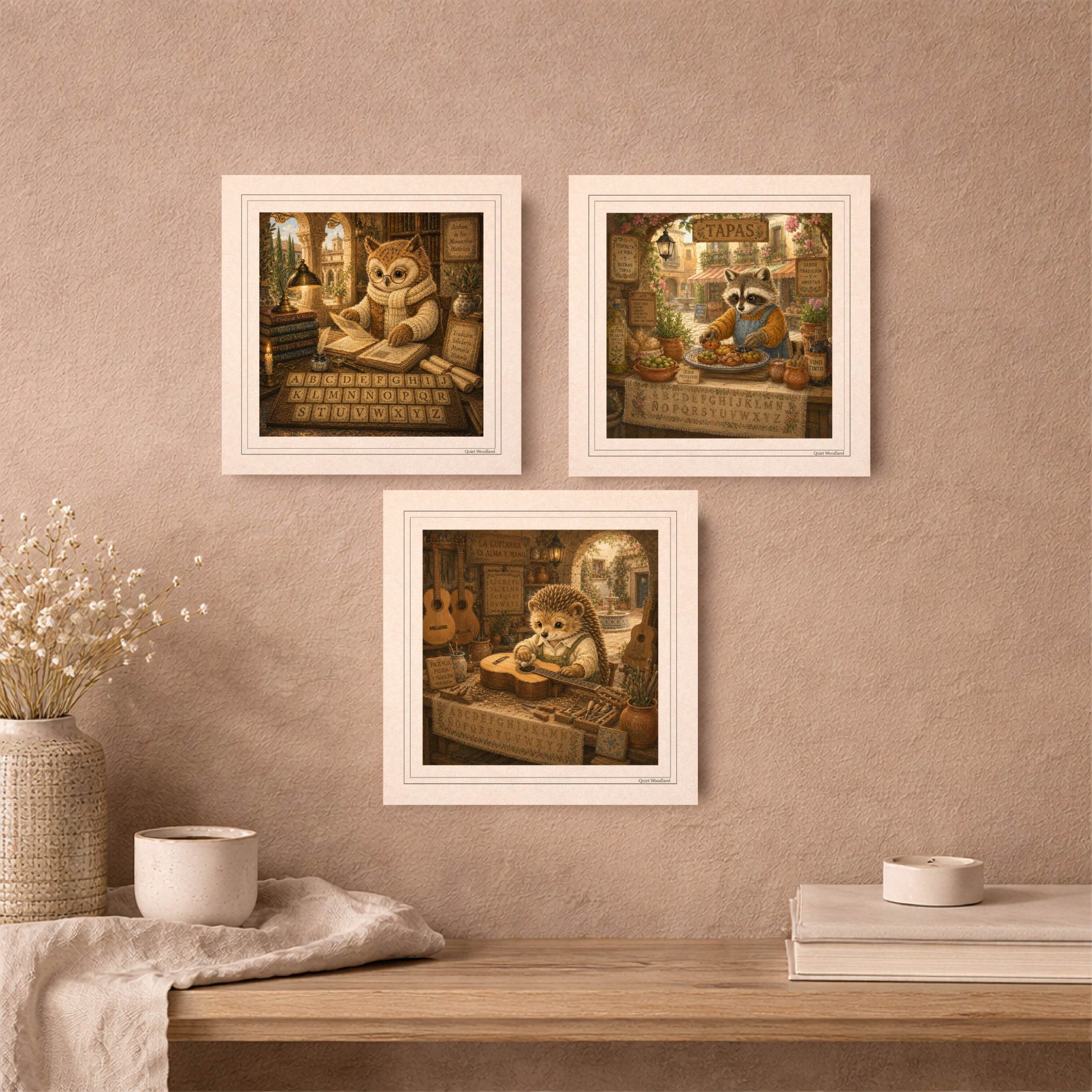 Printable Postcards Set Woodland Alphabet Postcrossing Gift 5 Three square storybook prints displaying the owl curator, raccoon vendor, and hedgehog luthier arranged in a triad on a warm gray wall over a wooden console.