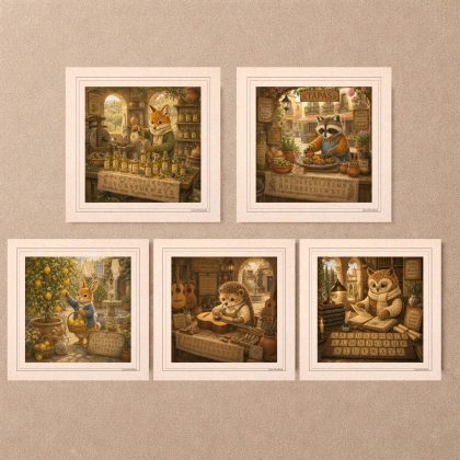 An overview of five square vintage postcards from the Spanish Woodland Alphabet collection displayed on a textured beige wall background showcasing different animal characters.