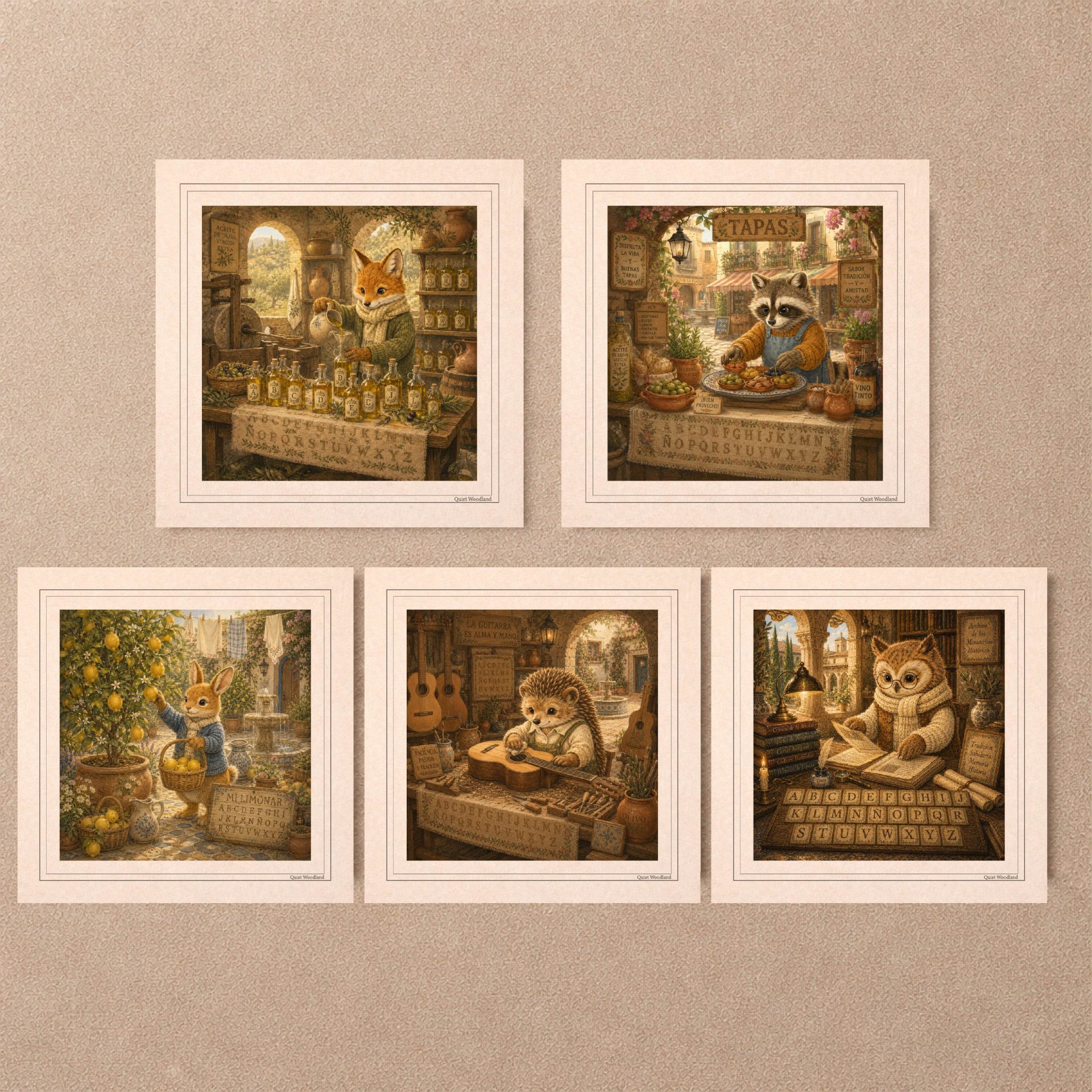 Printable Postcards Set Woodland Alphabet Postcrossing Gift 1 An overview of five square vintage postcards from the Spanish Woodland Alphabet collection displayed on a textured beige wall background showcasing different animal characters.