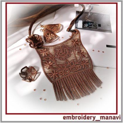 3 in 1 ITH Organza Bib Necklace embroidery design pack by Embroidery Manavi 05. Stabilizer free single color volumetric necklace and earrings. Download.