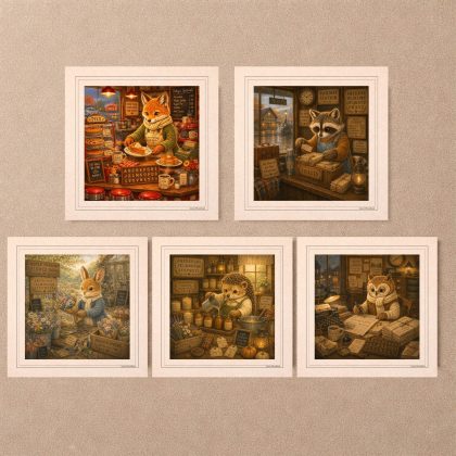 Five square vintage postcards from the American Woodland Alphabet collection arranged on a beige textured wall background showcasing a fox, raccoon, rabbit, hedgehog, and owl.