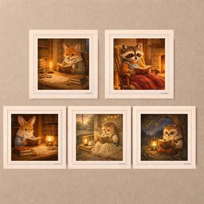 Five square cottagecore postcards from the Woodland Animal Reading collection displayed together on a textured beige wall showing a fox, raccoon, rabbit, hedgehog, and owl.