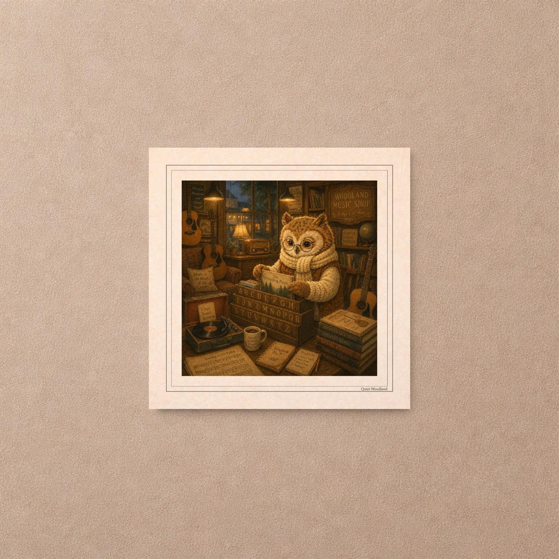 A square postcard print featuring an owl looking through vinyl records inside a vintage music shop surrounded by guitars and sheet music.