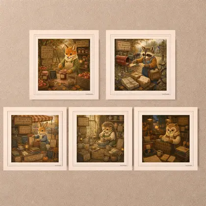Five square vintage postcards from the American Woodland Alphabet collection arranged on a beige textured wall showcasing a fox, raccoon, rabbit, hedgehog, and owl.