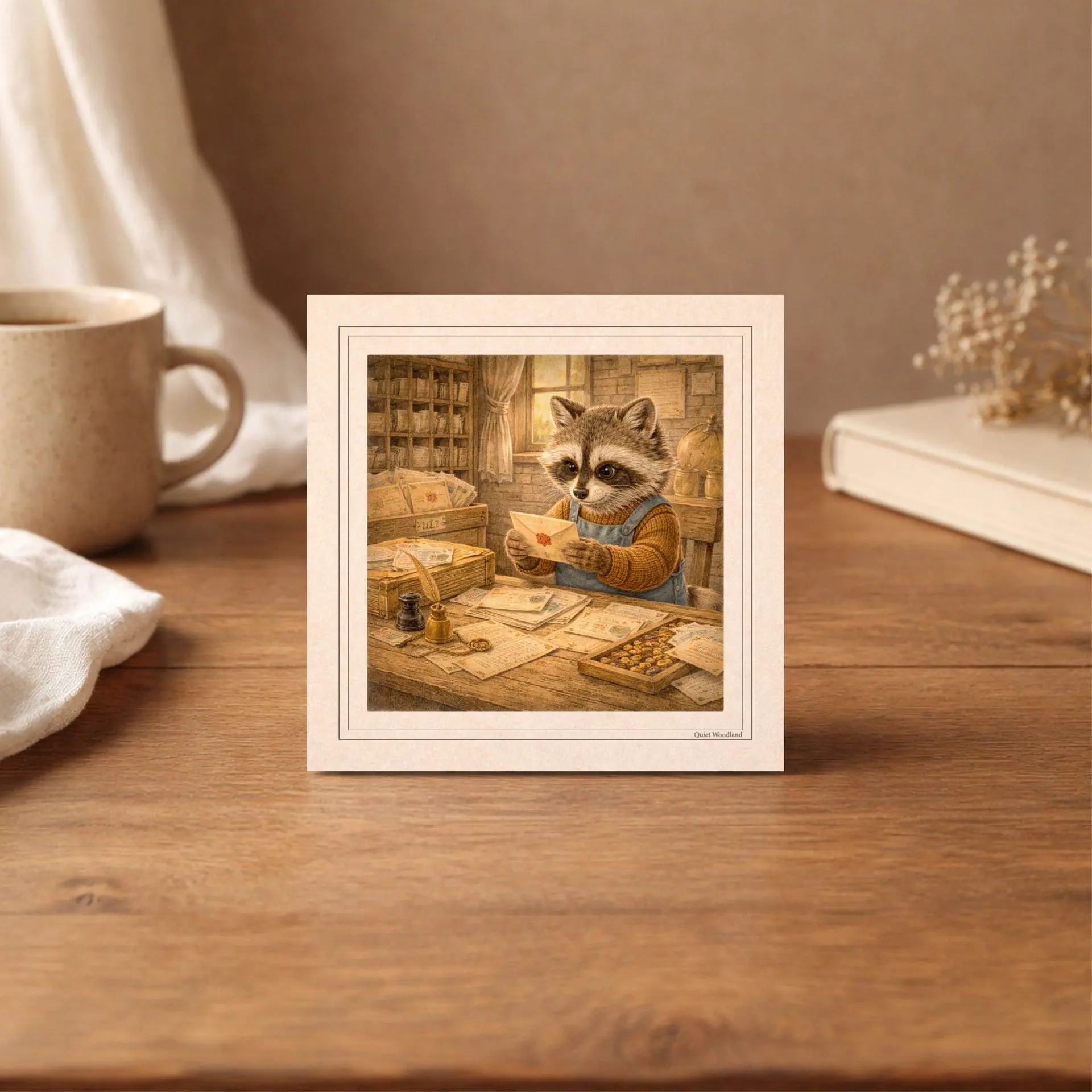 Printable Postcards Set Woodland Nursery Decor Postcrossing Gift 2 A square printed postcard of a postman raccoon sorting wax sealed letters stands upright on a wooden desk beside a book and a ceramic cup.