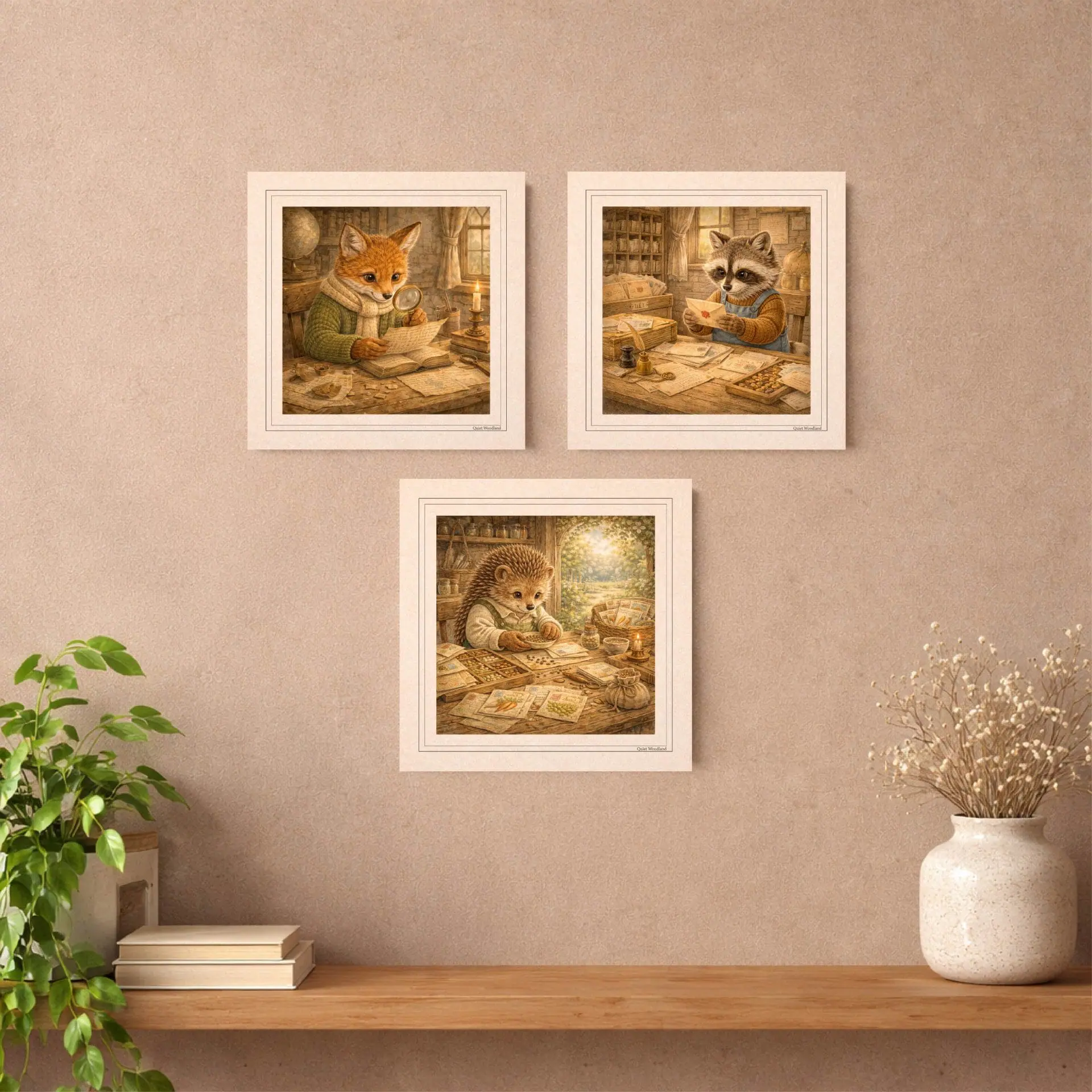 Printable Postcards Set Woodland Nursery Decor Postcrossing Gift 4 Three framed square storybook prints of a fox archaeologist, postman raccoon, and gardener hedgehog hung over a light wooden display shelf.
