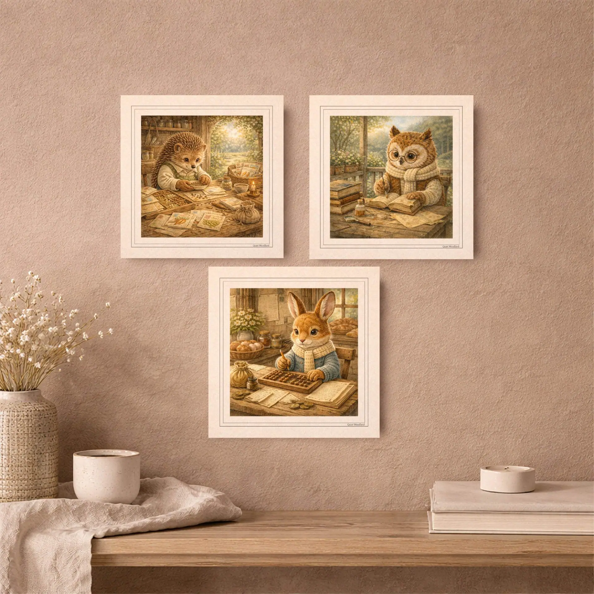 Printable Postcards Set Woodland Nursery Decor Postcrossing Gift 5 Three square framed vintage illustrations featuring a gardener hedgehog, librarian owl, and baker bunny positioned symmetrically on a textured wall above a rustic shelf.
