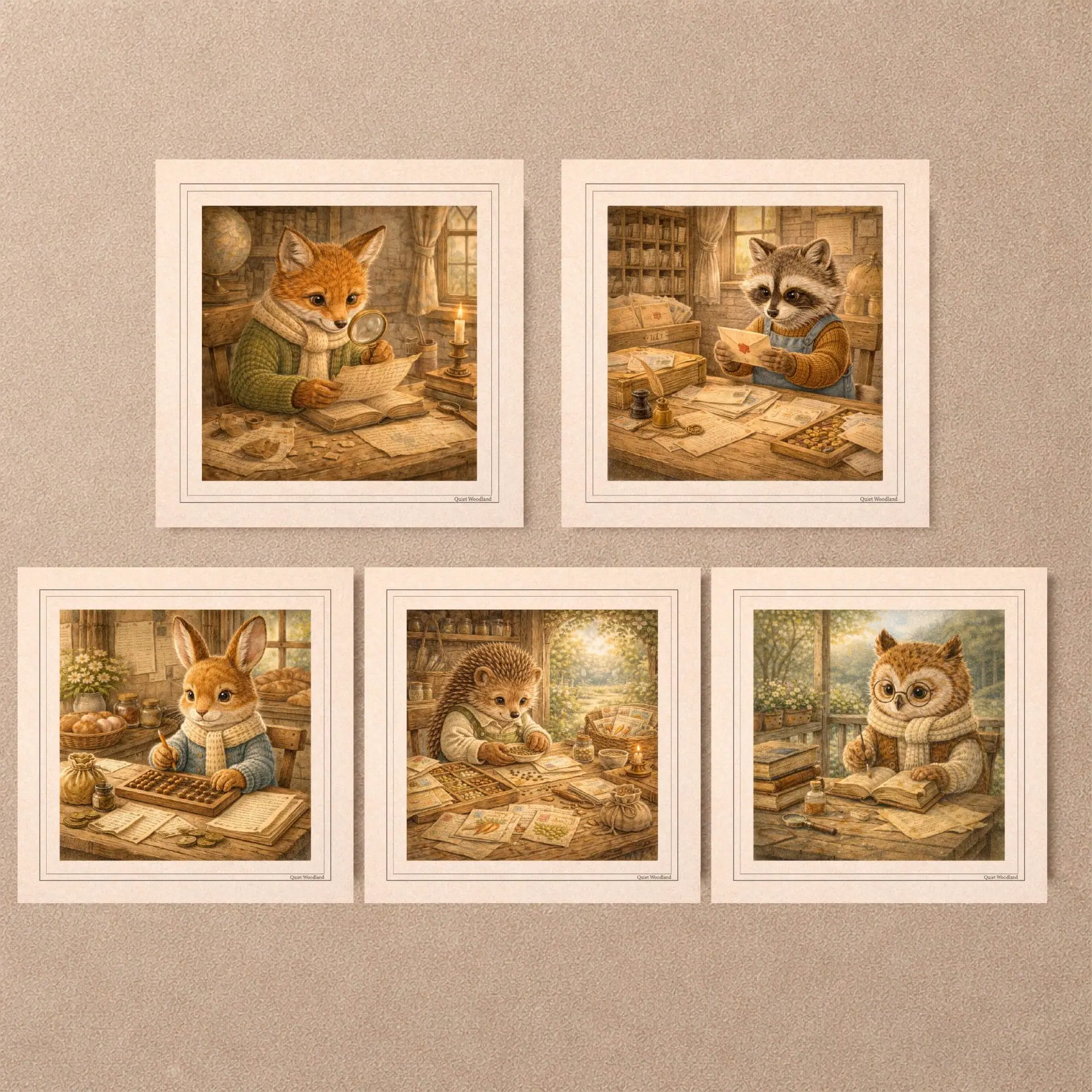 Printable Postcards Set Woodland Nursery Decor Postcrossing Gift 1 Five square vintage postcards from the Woodland Animal Professions collection displayed on a beige wall showing an archaeologist fox, postman raccoon, baker bunny, gardener hedgehog, and librarian owl.