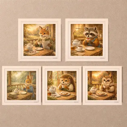 Five square vintage postcards from the Woodland Animal Tea Time collection displayed on a beige wall showing a tea drinking fox, raccoon, bunny, hedgehog, and owl.