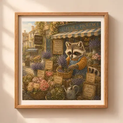 Wooden square framed alphabet poster from the Quiet Woodland collection, featuring the full A-Z layout with a vintage raccoon florist at a French flower market stand.