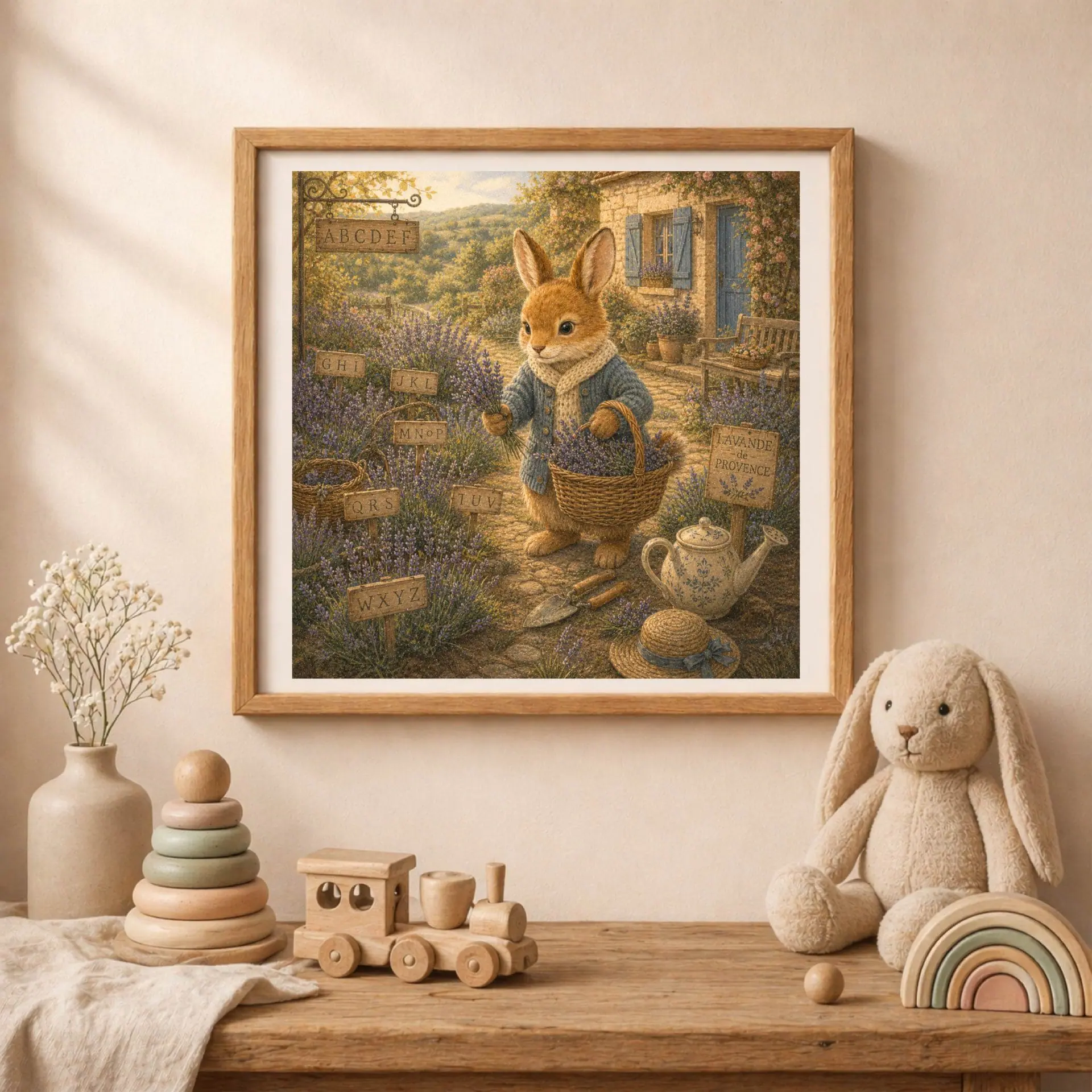 Quiet Woodland French Rabbit Alphabet Poster Nursery Wall Art 2 Framed rabbit gardener lavender farm alphabet poster displayed on a wooden shelf next to a plush rabbit toy, toy train, and wooden rainbow stacker.