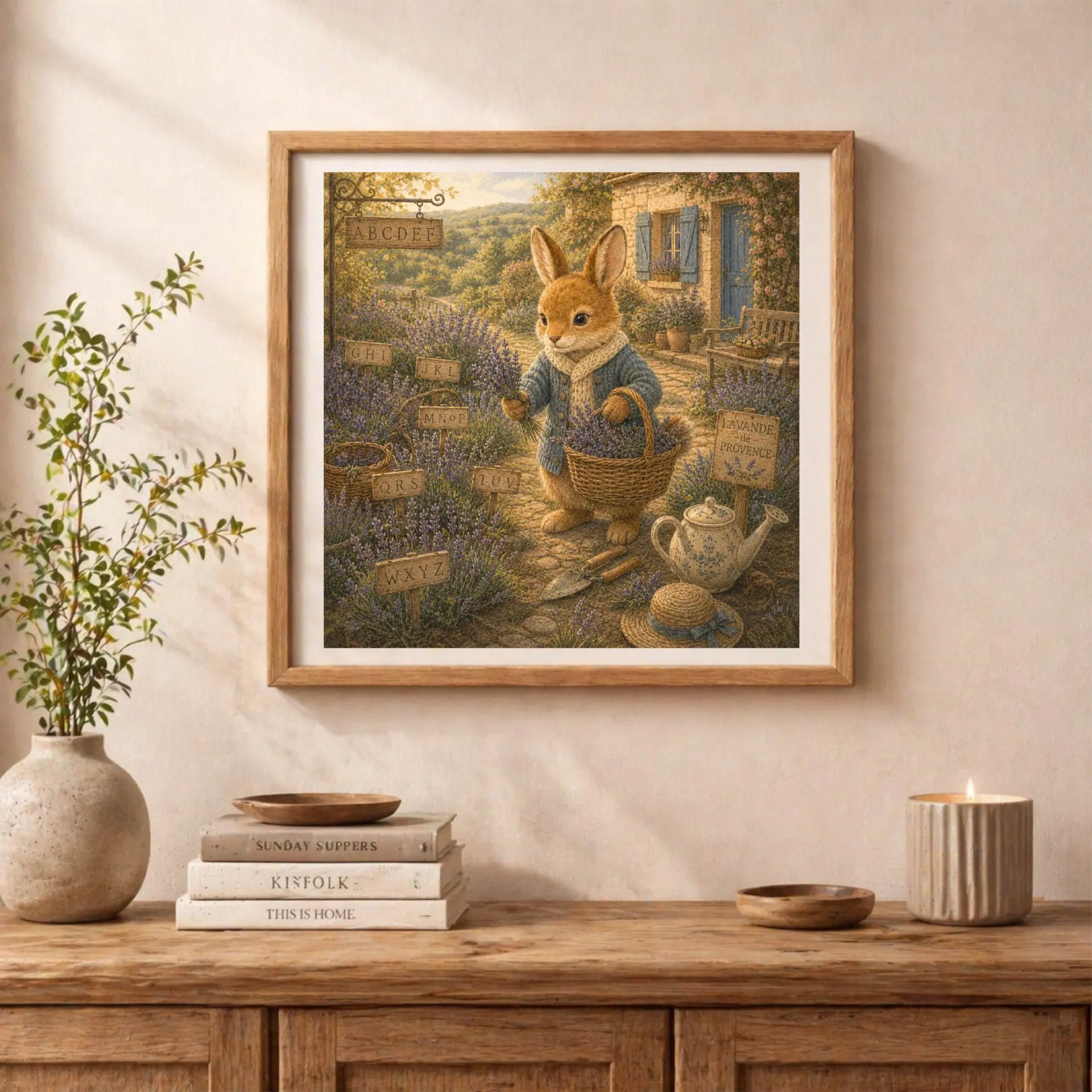 Quiet Woodland French Rabbit Alphabet Poster Nursery Wall Art 3 Square framed rabbit lavender farm alphabet poster styled on a rustic console table alongside stacked books, a ceramic vase, and a burning candle.