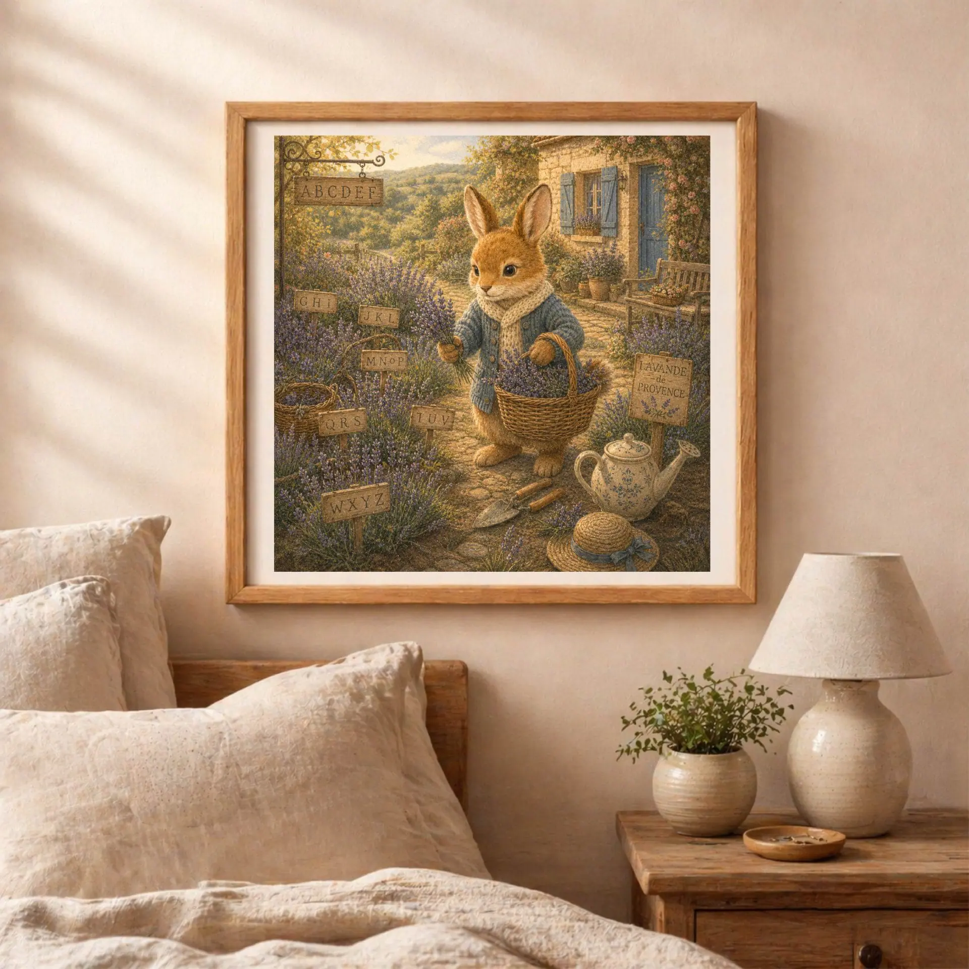 Quiet Woodland French Rabbit Alphabet Poster Nursery Wall Art 5 Oak framed full rabbit alphabet poster displayed on a bedroom wall directly above a wooden nightstand with a ceramic lamp.