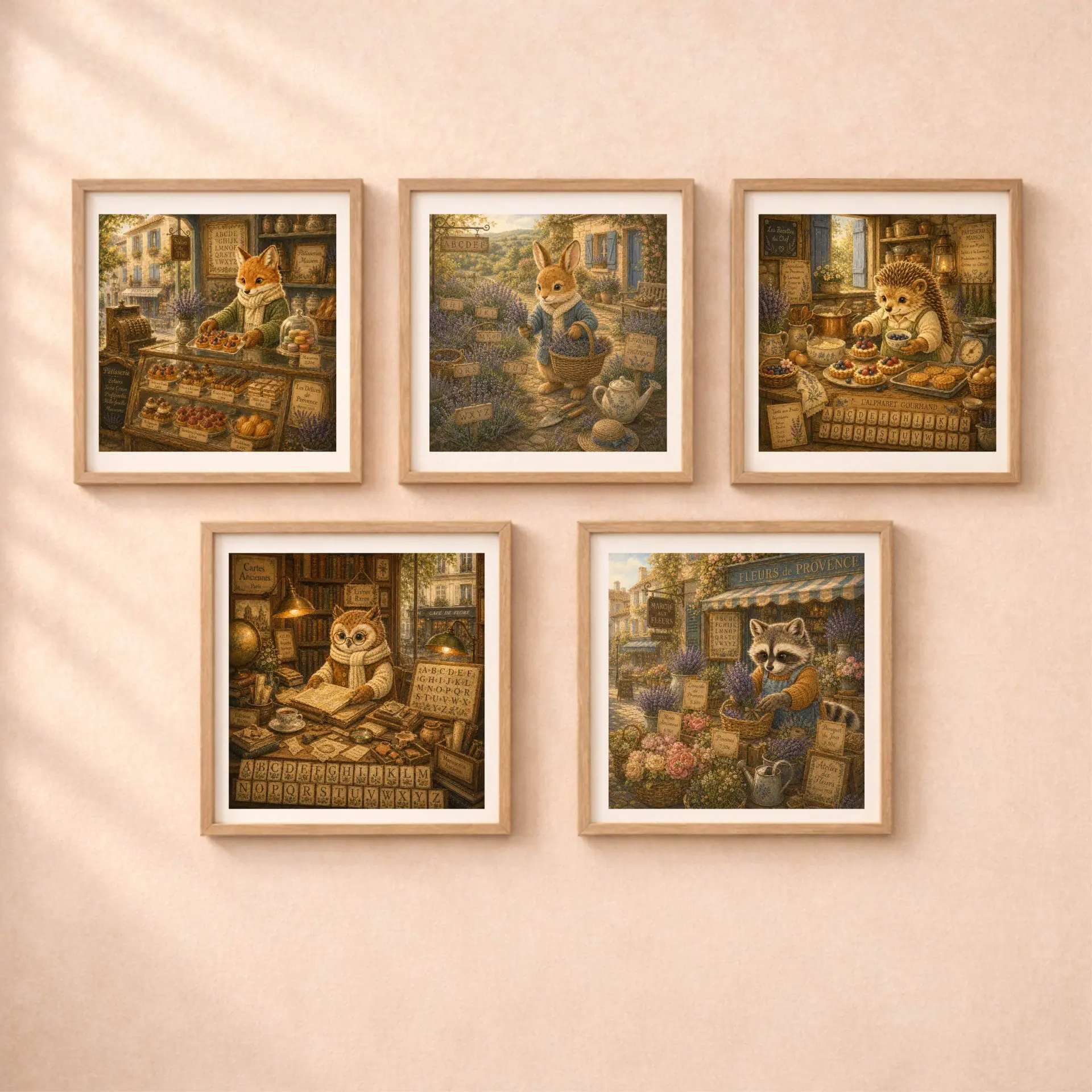 Quiet Woodland French Rabbit Alphabet Poster Nursery Wall Art 8 Five square framed alphabet posters including fox baker, rabbit gardener, hedgehog chef, owl bookstore owner, and raccoon florist on a beige wall.