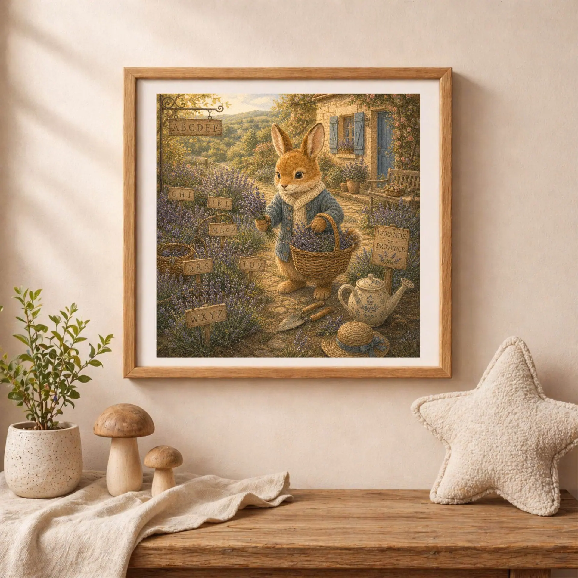 Quiet Woodland French Rabbit Alphabet Poster Nursery Wall Art 4 Framed French rabbit alphabet poster mounted on a wall above a wooden kid's bench with a soft star pillow and decorative toy mushrooms.
