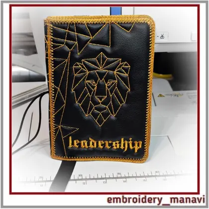 Leo "Leadership" zodiac in the hoop quilted notebook cover design with geometric symbol, two sizes, one hooping, elastic closure opening, step by step instruction.