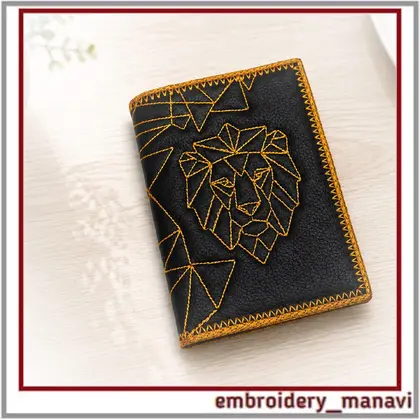 Lion in the hoop passport cover with geometric embroidery, sewn in one hoop, hand digitized, step by step instruction and instant download for handmade gifts.