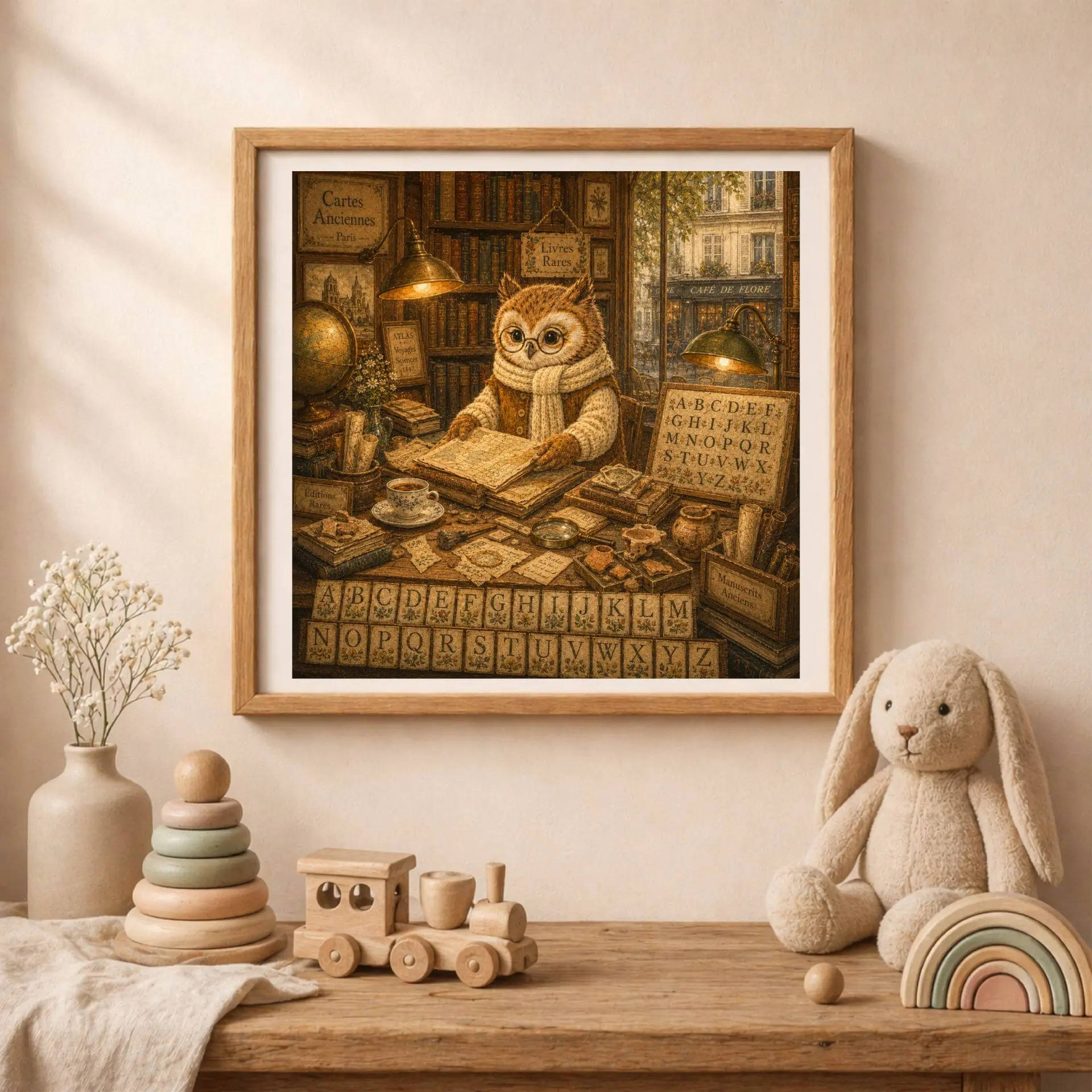 Quiet Woodland French Owl Alphabet Poster Nursery Wall Art 2 Framed owl shopkeeper bookshop alphabet poster displayed on a wooden shelf next to a plush rabbit toy, toy train, and wooden rainbow stacker.
