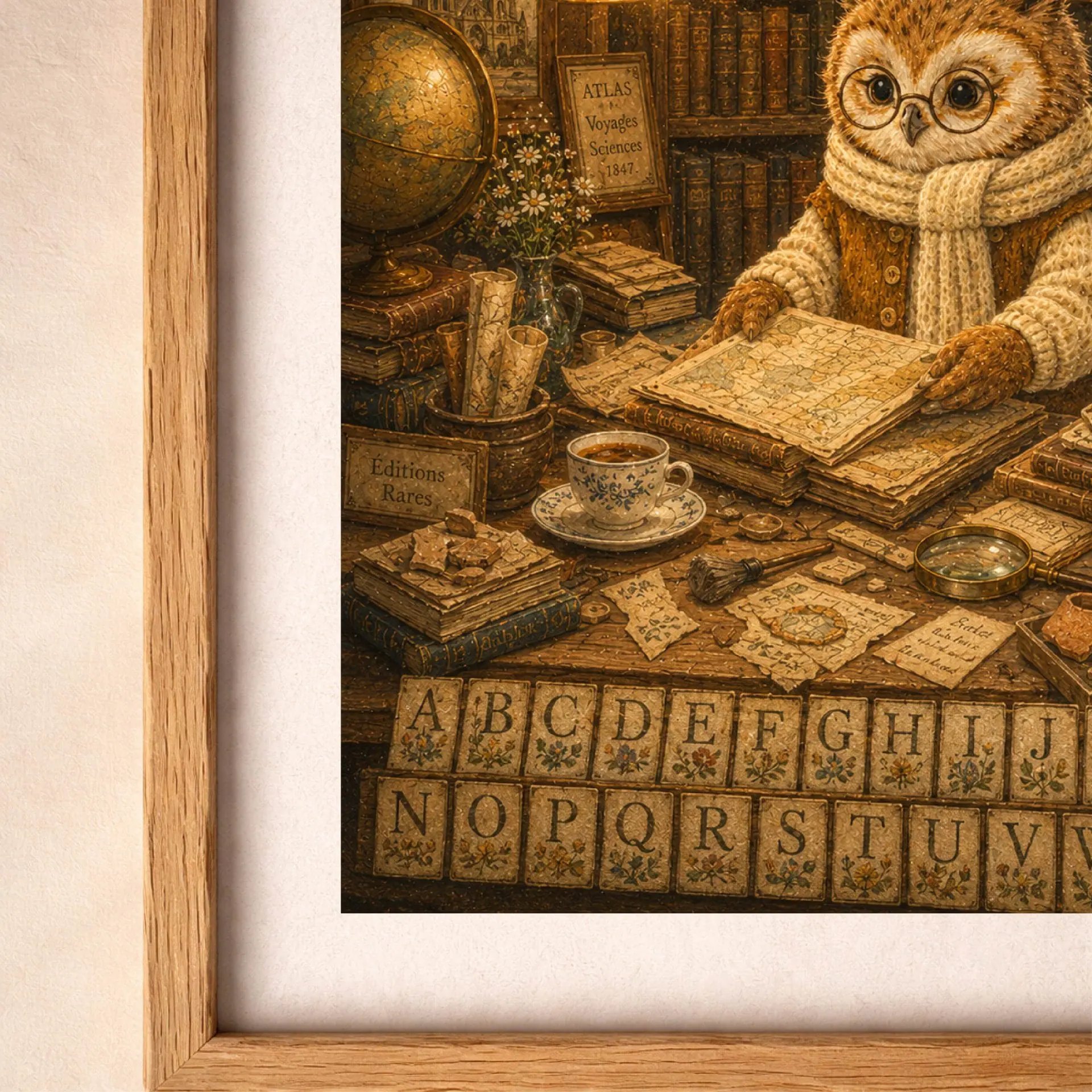 Quiet Woodland French Owl Alphabet Poster Nursery Wall Art 6 Close-up macro detail of the alphabet letter tiles ABCDEF lined up neatly on the wooden desk next to a vintage globe and teacup.
