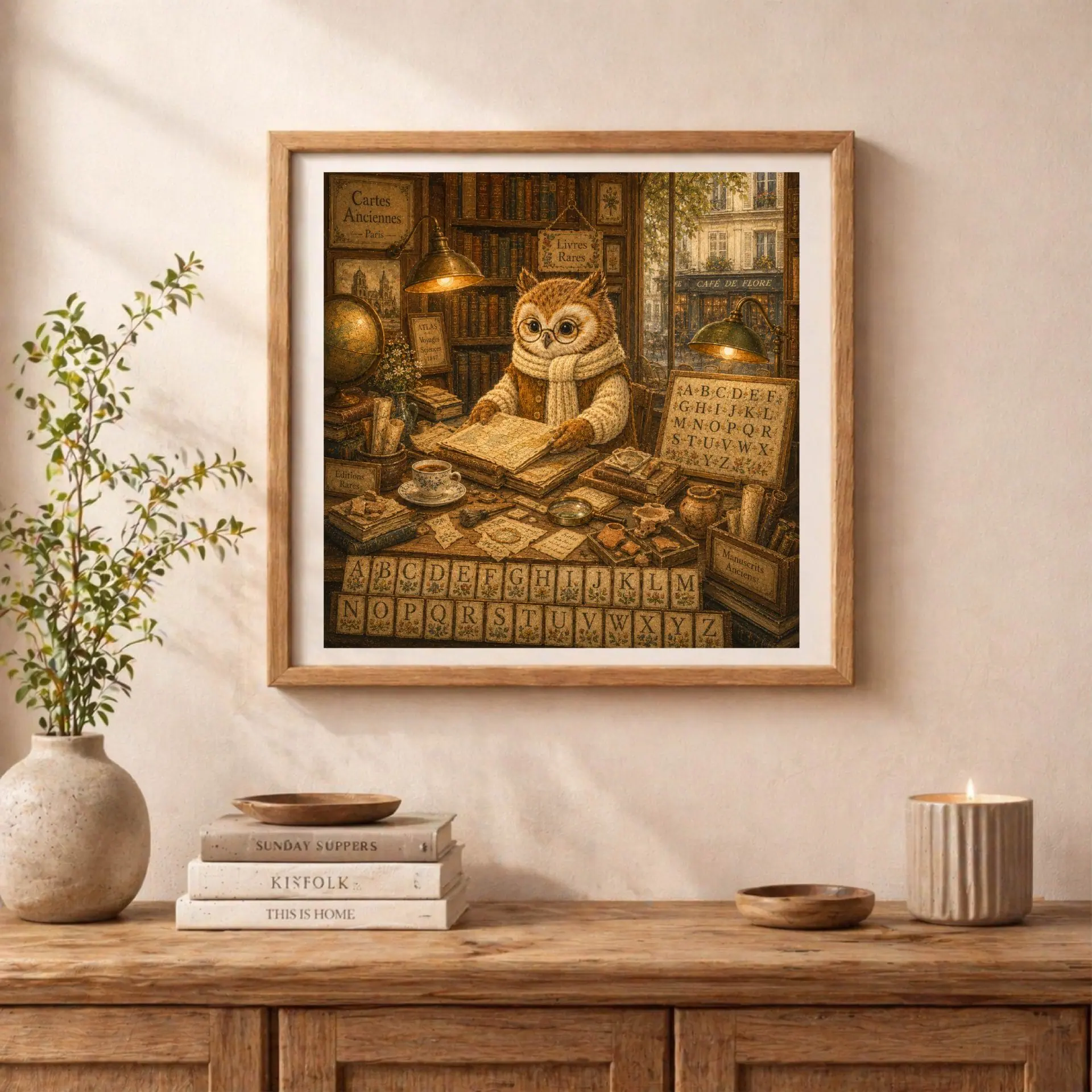 Quiet Woodland French Owl Alphabet Poster Nursery Wall Art 3 Square framed owl bookstore alphabet poster styled on a rustic console table alongside stacked books, a ceramic vase, and a burning candle.
