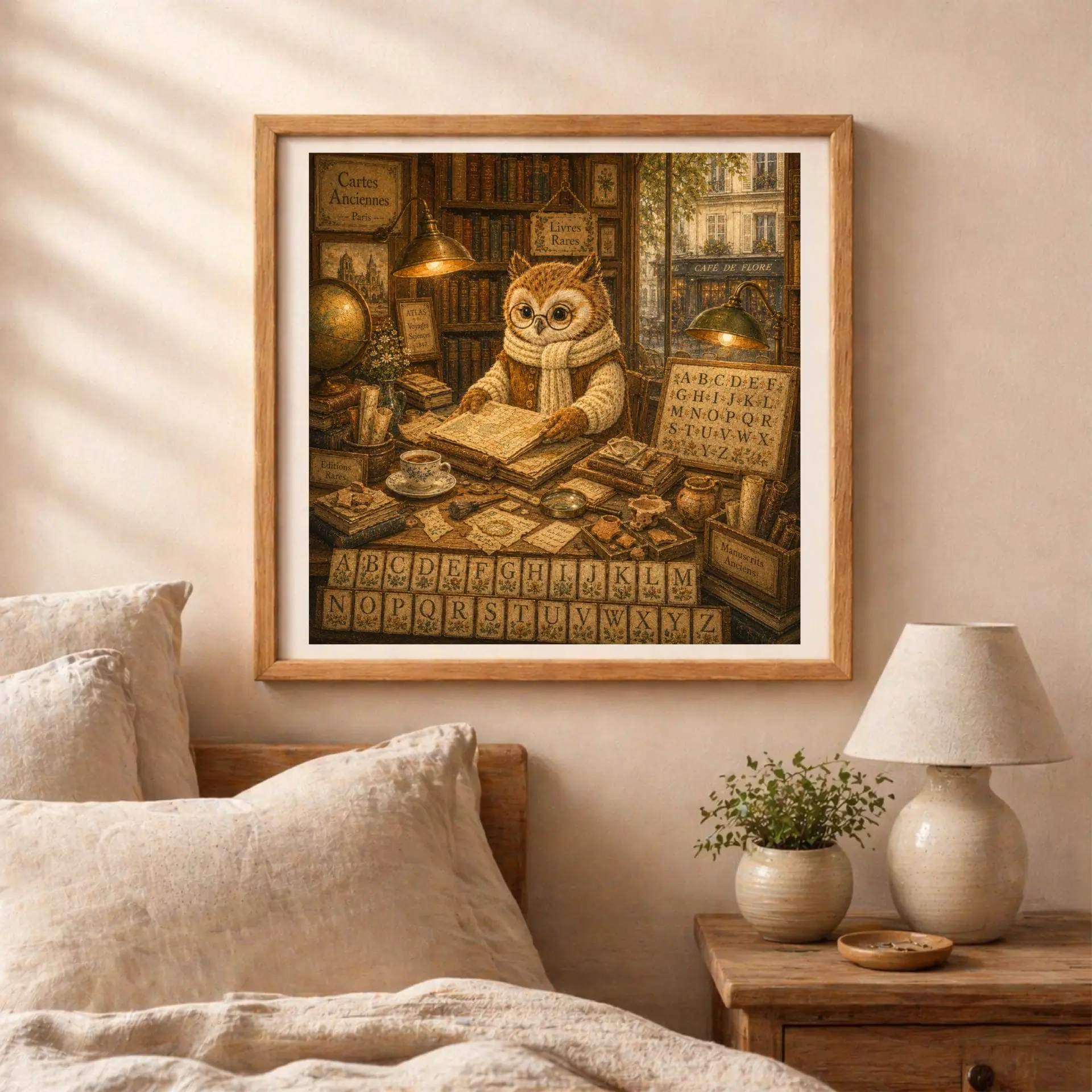Quiet Woodland French Owl Alphabet Poster Nursery Wall Art 5 Oak framed full owl alphabet poster displayed on a bedroom wall directly above a wooden nightstand with a ceramic lamp.